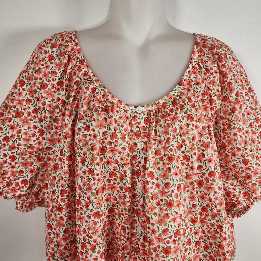 Old Navy Womens Airy Button Down Top XL Short Sleeve Red Floral Cotton Relaxed